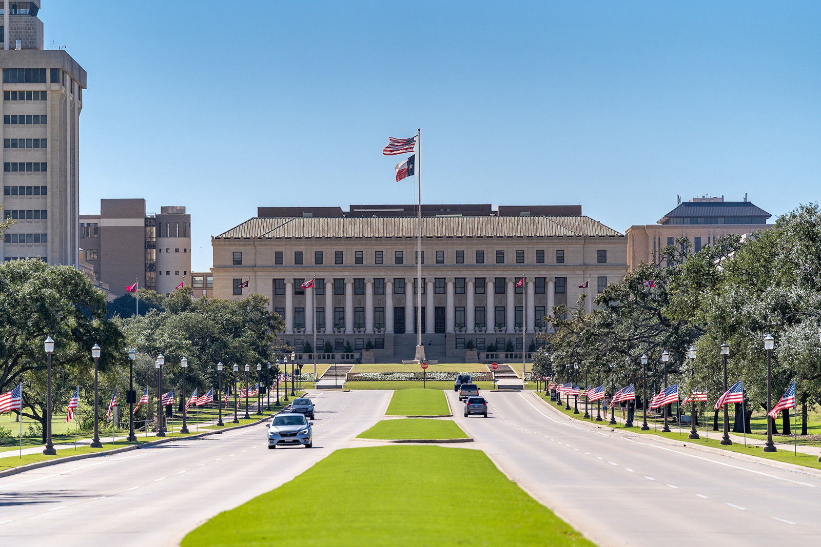 Flags are displayed near the Jack K. Williams Administration Building at Texas A&M University in honor of Veterans Day on Nov. 11, 2021.
